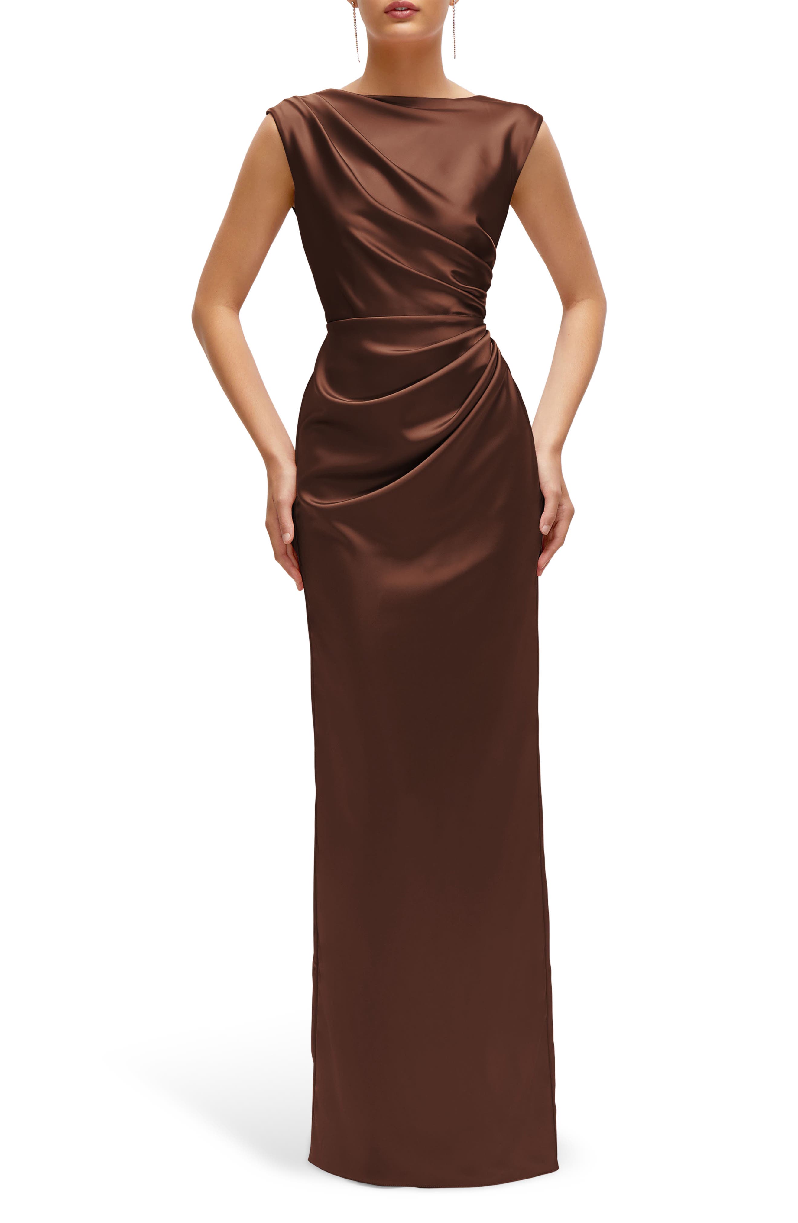 After Six Pleated Cap Sleeve Charmeuse Gown in Cognac Cover