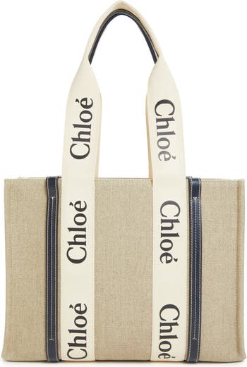 Chloé Woody Large Leather-trimmed Cotton-canvas Tote in White