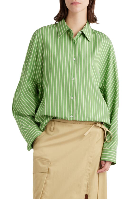 Dries Van Noten Oversize Stripe Button-up Cocoon Shirt In Green