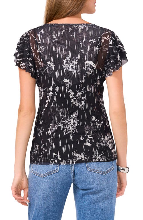 Shop Vince Camuto Floral Print Ruffle Sleeve Mesh Top In Rich Black