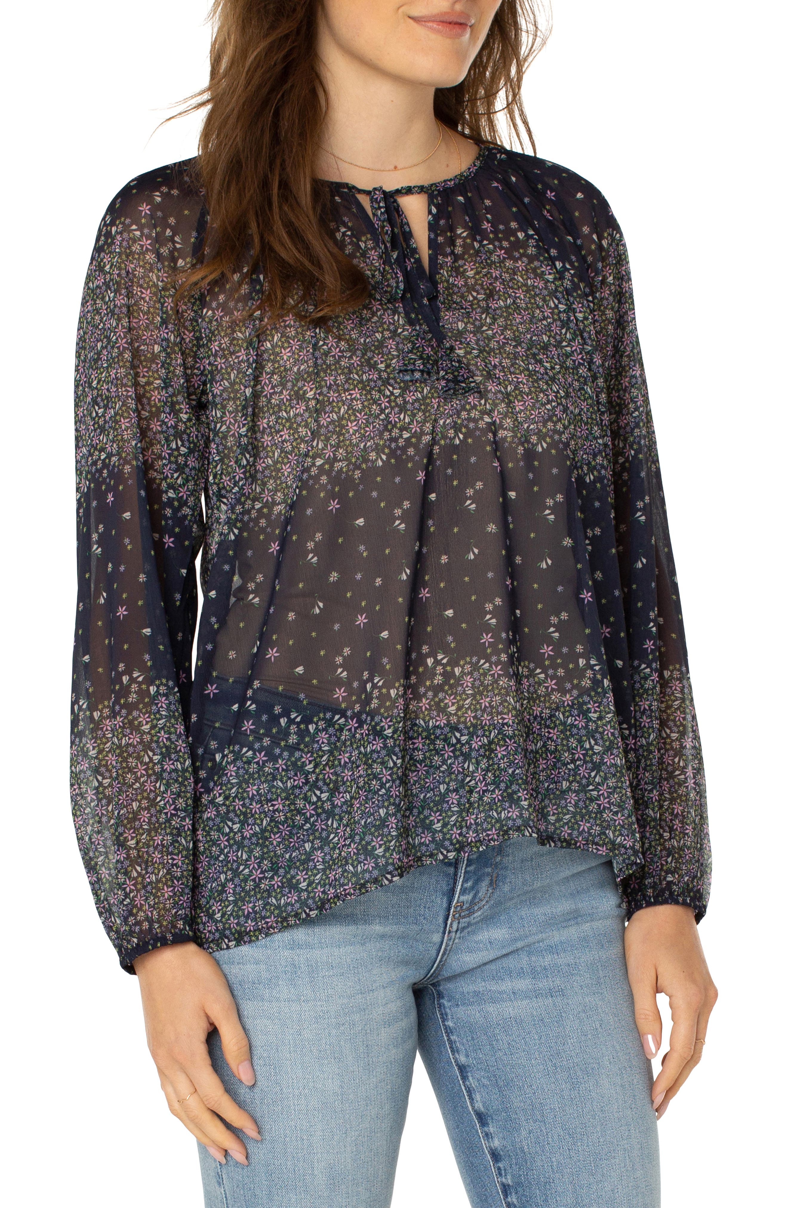 Liverpool Los Angeles Floral Print Keyhole Chiffon Top in Mdnght