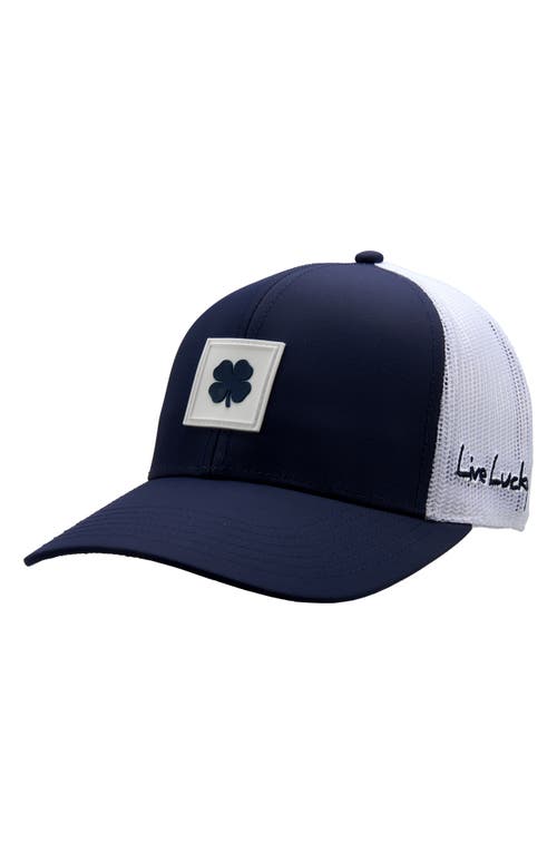 Shop Black Clover Luck Square Patch Snapback Trucker Hat In Navy/white