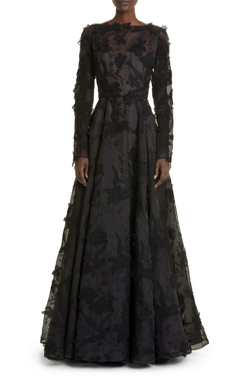 Jason Wu Collection Floral Embroidery Long Sleeve Silk Organza A-Line Gown in Black at Nordstrom, Size 2