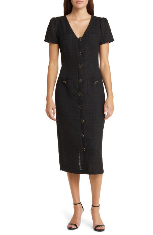 Short Sleeve Tweed Midi Sheath Dress in Black