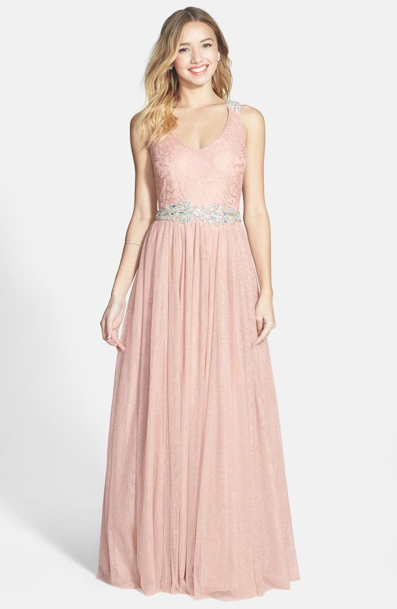 Way-In Lace Bodice Glitter Ballgown (Juniors) | Nordstrom