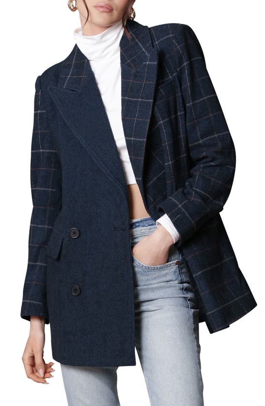Avec Les Filles Mixed Plaid Double Breasted Blazer In Black Navy Plaid