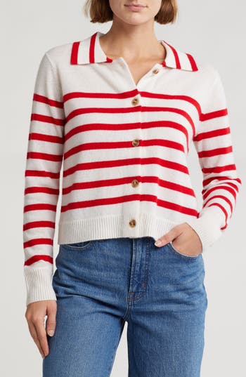 Elie Elie Tahari Stripe Cashmere Crop Cardigan In Frost White Red