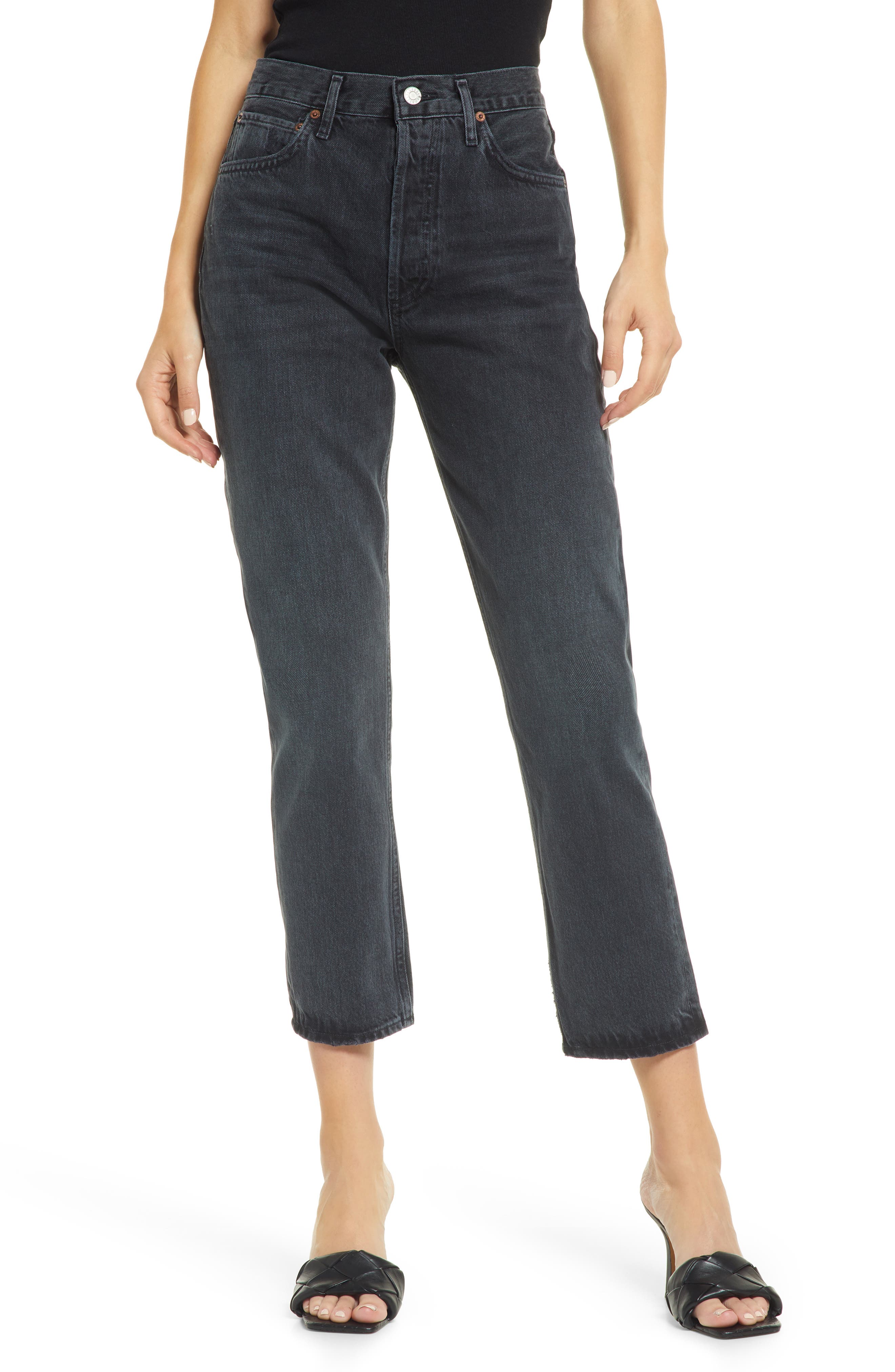 AGOLDE Riley High Waist Crop Straight Leg Jeans in Edit Black W/Damage at Nordstrom, Size 32