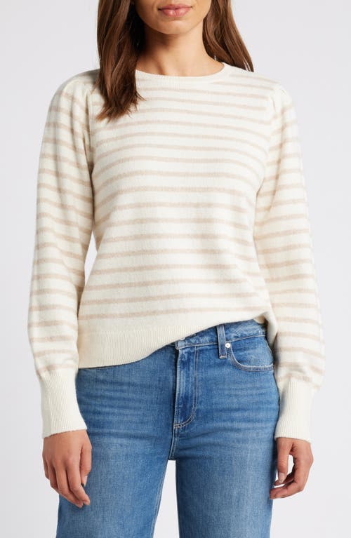 Shop Caslonr Caslon(r) Puff Sleeve Cotton Blend Crewneck Sweater In Ivory- Tan Heather Stripe