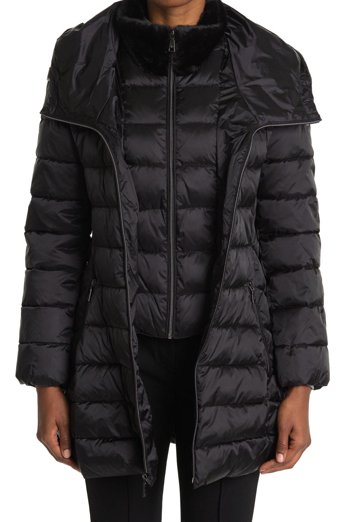 Tahari | Faux Fur Trim Collar Hooded Bib Puffer Jacket | Nordstrom Rack