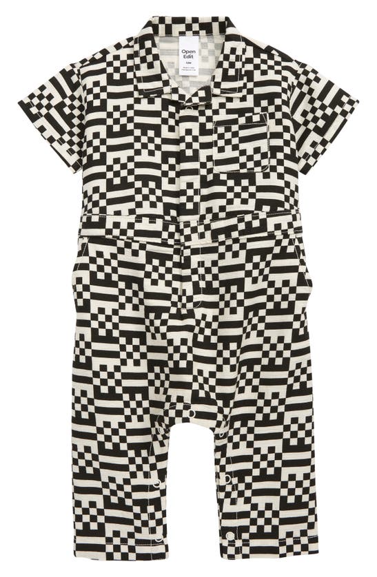 Open Edit Babies' Print Polo Romper In Ivory Cloud Checkerboard