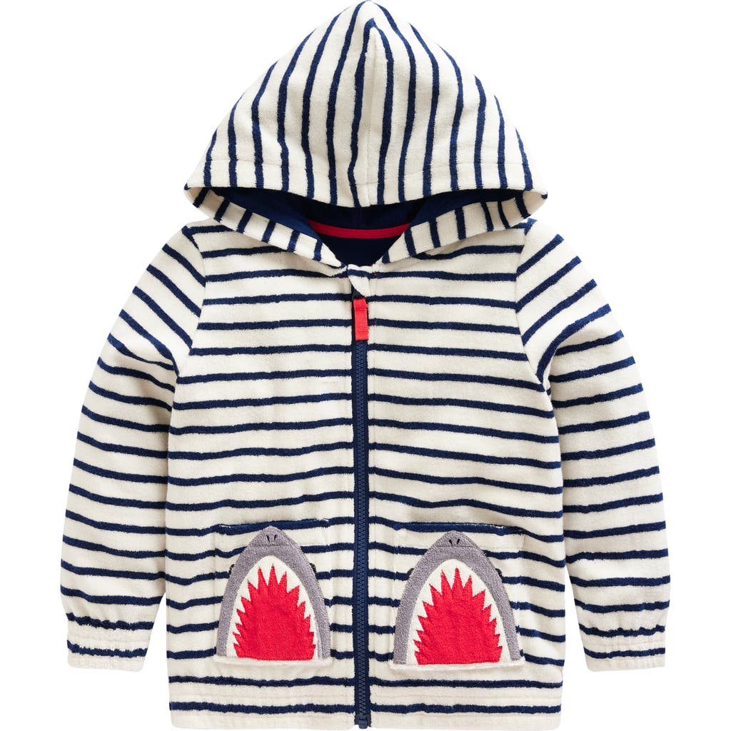 Mini Boden Kids' Stripe Appliqué Shark Terry Cloth Zip-up Hoodie In Ivory/greek Blue Stripe Shark