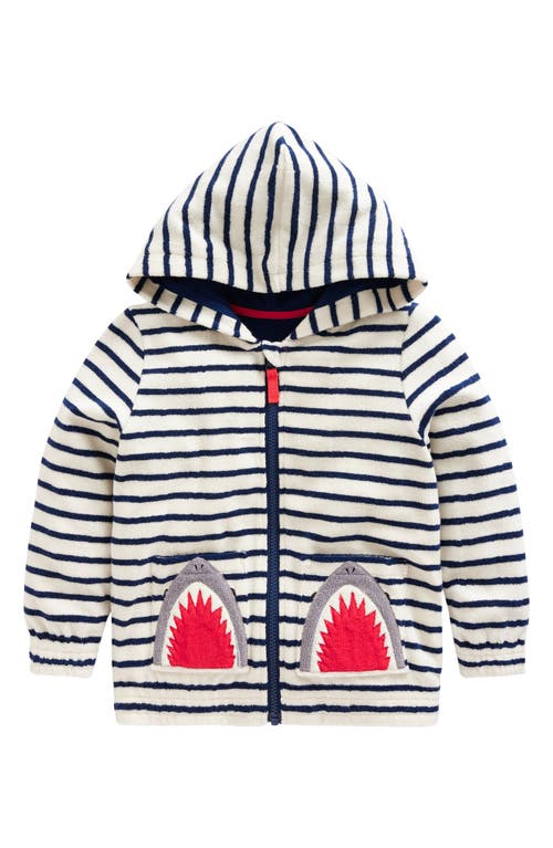 Mini Boden Kids' Stripe Appliqué Shark Terry Cloth Zip-Up Hoodie Ivory/Greek Blue at Nordstrom,