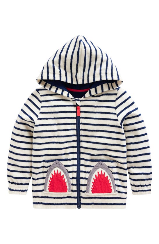 Shop Mini Boden Kids' Stripe Appliqué Shark Terry Cloth Zip-up Hoodie In Ivory/ Greek Blue Stripe Shark
