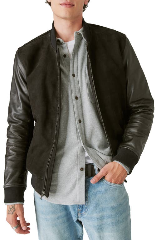 Lucky Brand Mixed Media Leather Bomber Jacket in Black at Nordstrom, Size Large