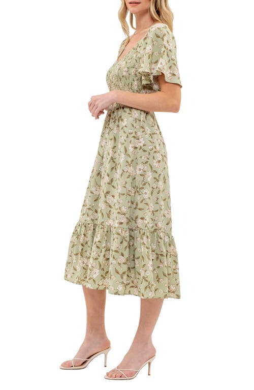 August Sky Floral Smocked Short Sleeve Midi Dress In Light Olive Multi