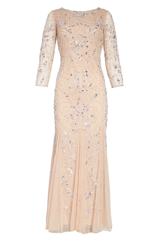 Shop Pisarro Nights Illusion Sleeve Beaded A-line Gown In Blush