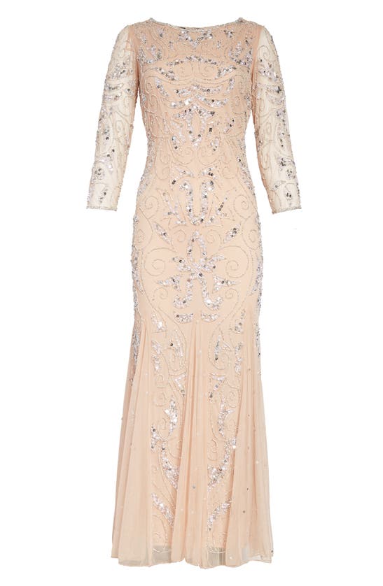 Pisarro Nights Illusion Sleeve Beaded A-line Gown In Blush