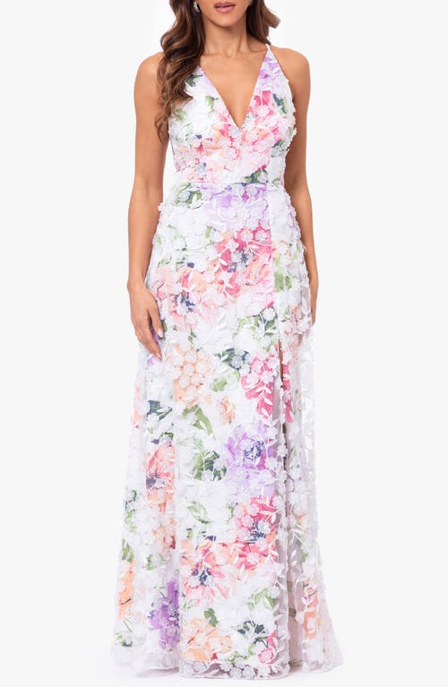 Xscape Evenings Floral Appliqué Sleeveless Gown In White/pink/green