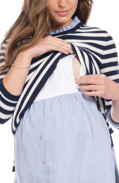 Shop Seraphine Stripe Mixed Media Layered Maternity/nursing Sweater In Ivory/navy