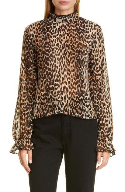 GANNI LEOPARD PRINT PLEATED GEORGETTE BLOUSE,F4394