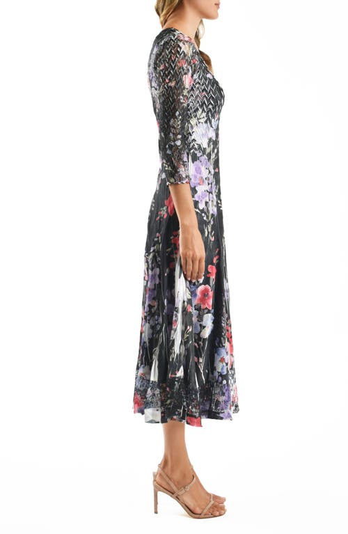 Komarov Lace Sleeve Charmuese & Chiffon Cocktail Midi Dress In Eternal Bloom