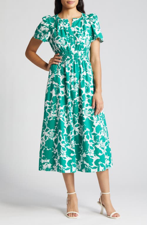 Shop Anne Klein Floral Smocked Midi Dress In Green Sprig/porcelai