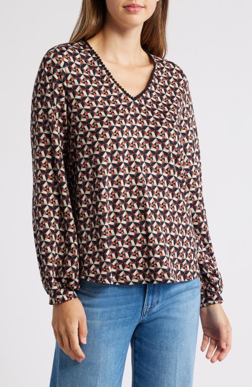 Shop Bobeau Floral Print Rickrack Trim Top In Taupe/picante Geo