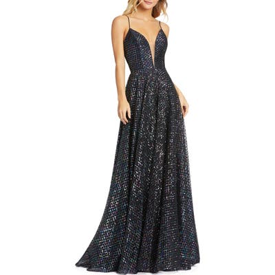 MAC Duggal Multicolor Lattice Sequin Gown, Black