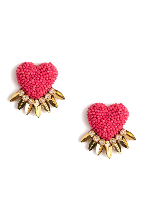 Danika Beaded Fringe Heart Stud Earrings in Hot Pink