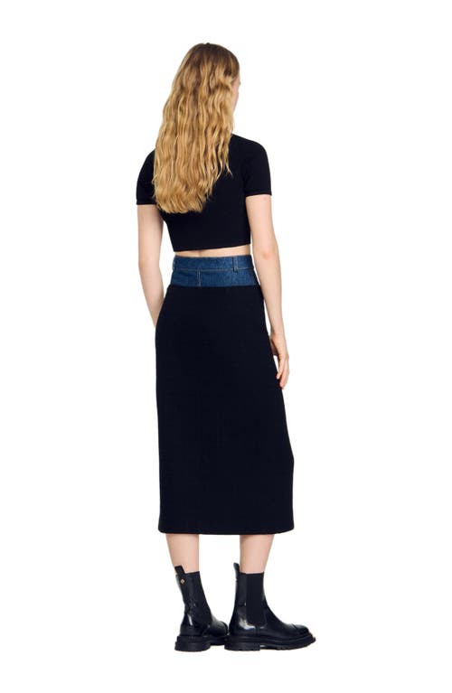 Sandro Dual-material Denim And Tweed Skirt In Black