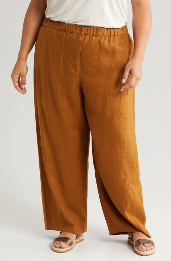 Shop Eileen Fisher Wide Leg Organic Linen Ankle Pants In Bronze