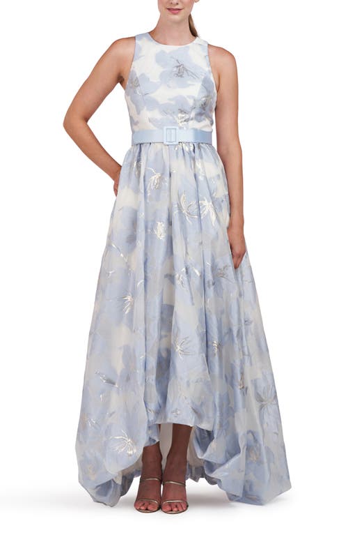 Shop Kay Unger Vivian Metallic Floral Print Sleeveless High/low Gown In Pale Blue/ivory