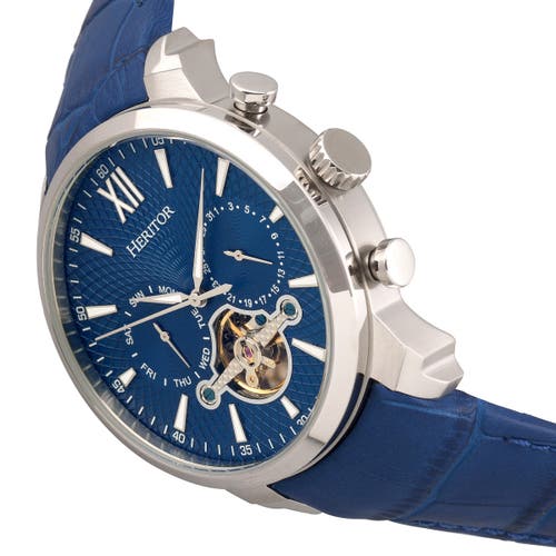 Heritor Automatic Arthur Semi-skeleton Leather-band Watch W/ Day/date In Silver/blue