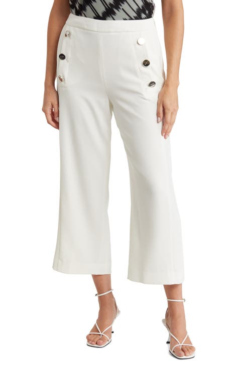 Karuedoo Women's High Waist Flared Work Pants Straight-Leg Front Slit  Cropped Trousers with Pockets White M