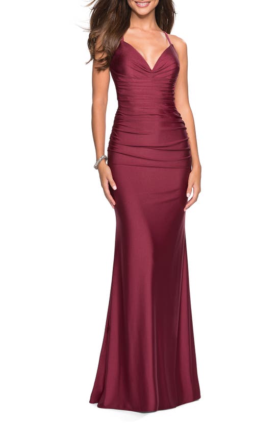 La Femme Strappy Back Ruched Trumpet Gown In Burgundy