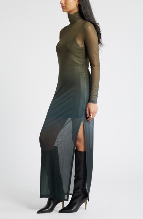 Open Edit Ombré Long Sleeve Mesh Maxi Dress In Olive Multi Ombre