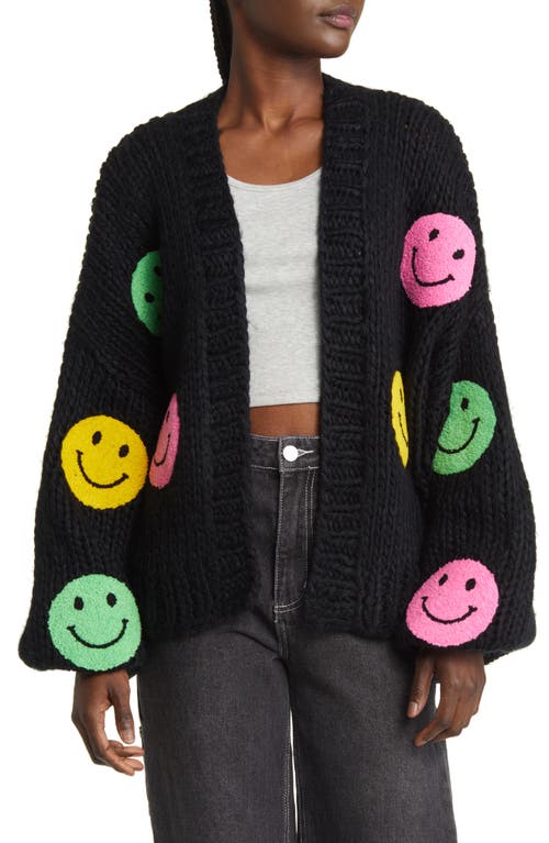 Visionary Oversize Open Front Cardigan in Black Multi Smiley