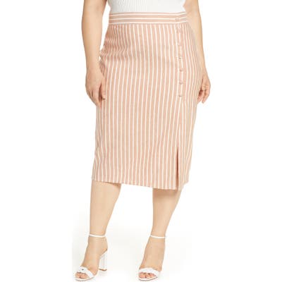 Plus Size Leith Stripe Side Slit Linen Blend Midi Skirt, Brown