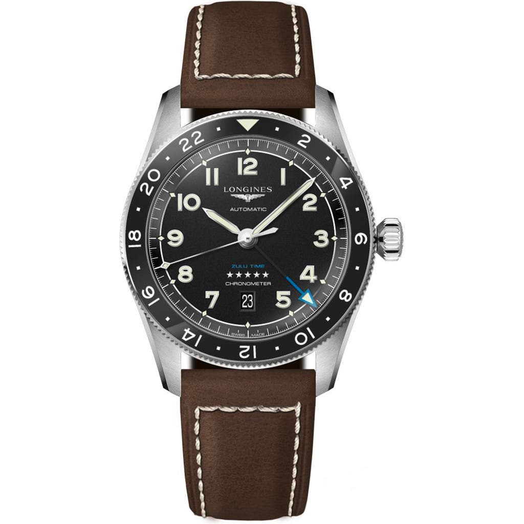 Longines Spirit Leather Strap Watch, 42mm In Black/brown