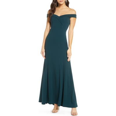 Sequin Hearts Off The Shoulder Scuba Crepe Trumpet Gown, Green