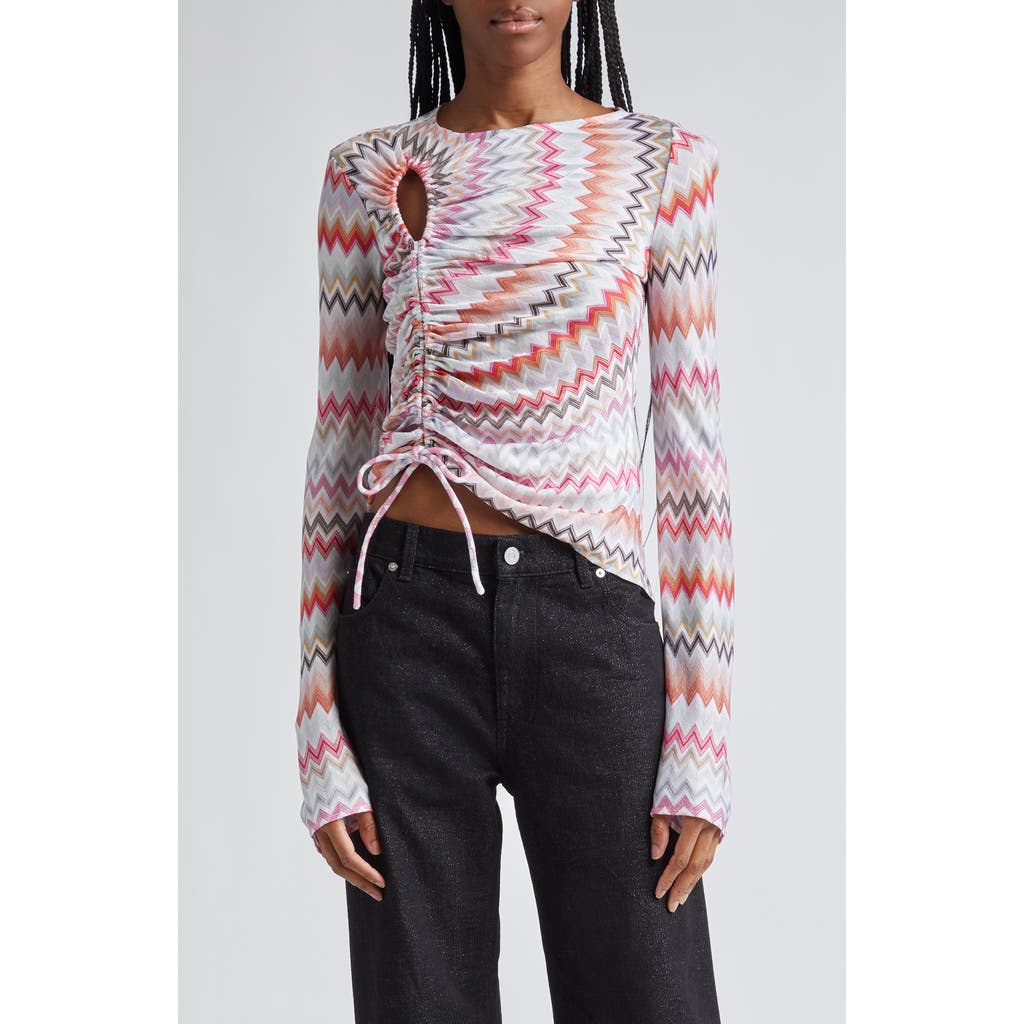 Missoni Chevron Ruched Long Sleeve Knit Top In Black/light Tones Multicolor