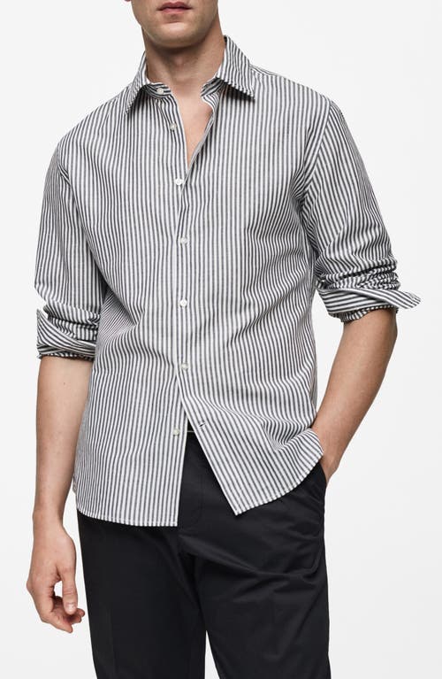 Shop Mango Regular Fit Stripe Cotton & Linen Button-up Shirt In Charcoal