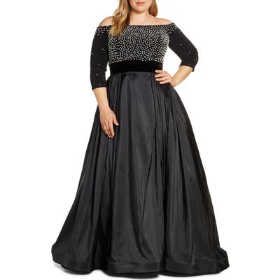 Plus Size MAC Duggal Pearl Beaded Off The Shoulder Ballgown, Black