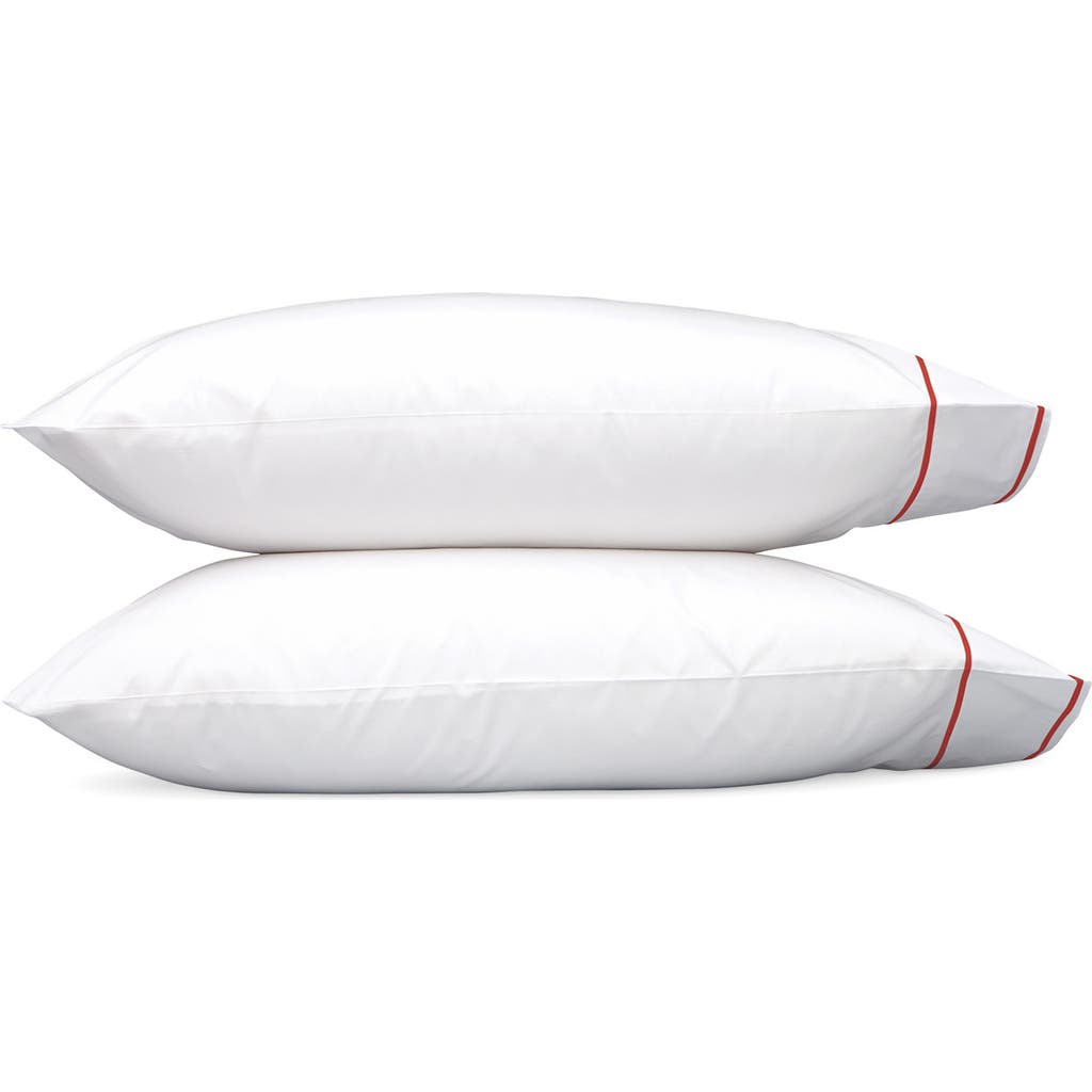 Matouk Set Of 2 Ansonia 500 Thread Count Cotton Percale Pillowcases In White/chinese Red