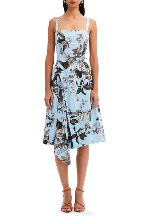 Oscar De La Renta Fauna Floral Belted Square Neck Cascade Detail Dress In Black/light Blue