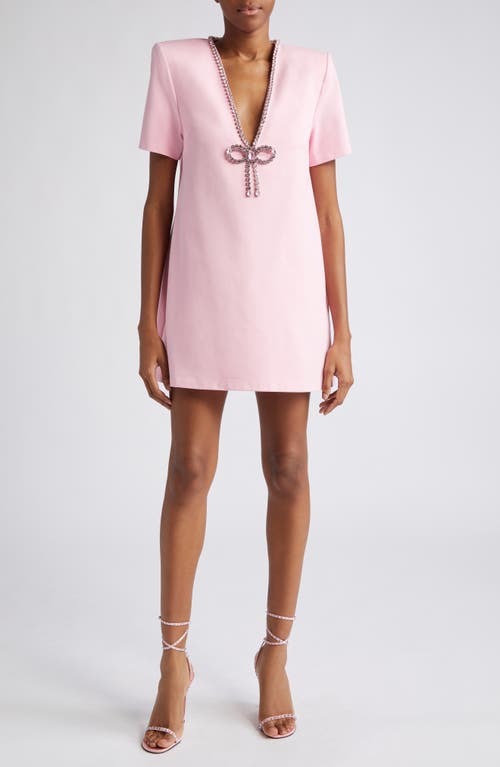 Area Crystal Bow V-Neck Ponte Knit T-Shirt Minidress in Pale Pink at Nordstrom, Size Medium