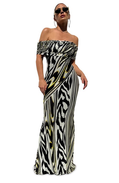 Shop Afrm Mccall Off The Shoulder Mesh Maxi Dress In Zebra Lime