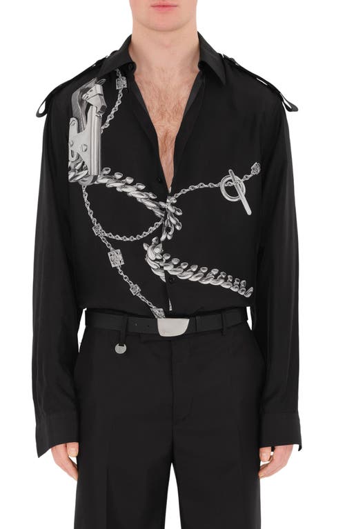 burberry Oversize Chain Print Silk Poplin Button-Up Shirt Black at Nordstrom,