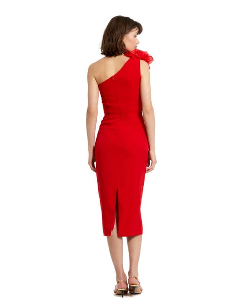 Mac Duggal Crepe One Shoulder Midi Dress With Flower In Cherry